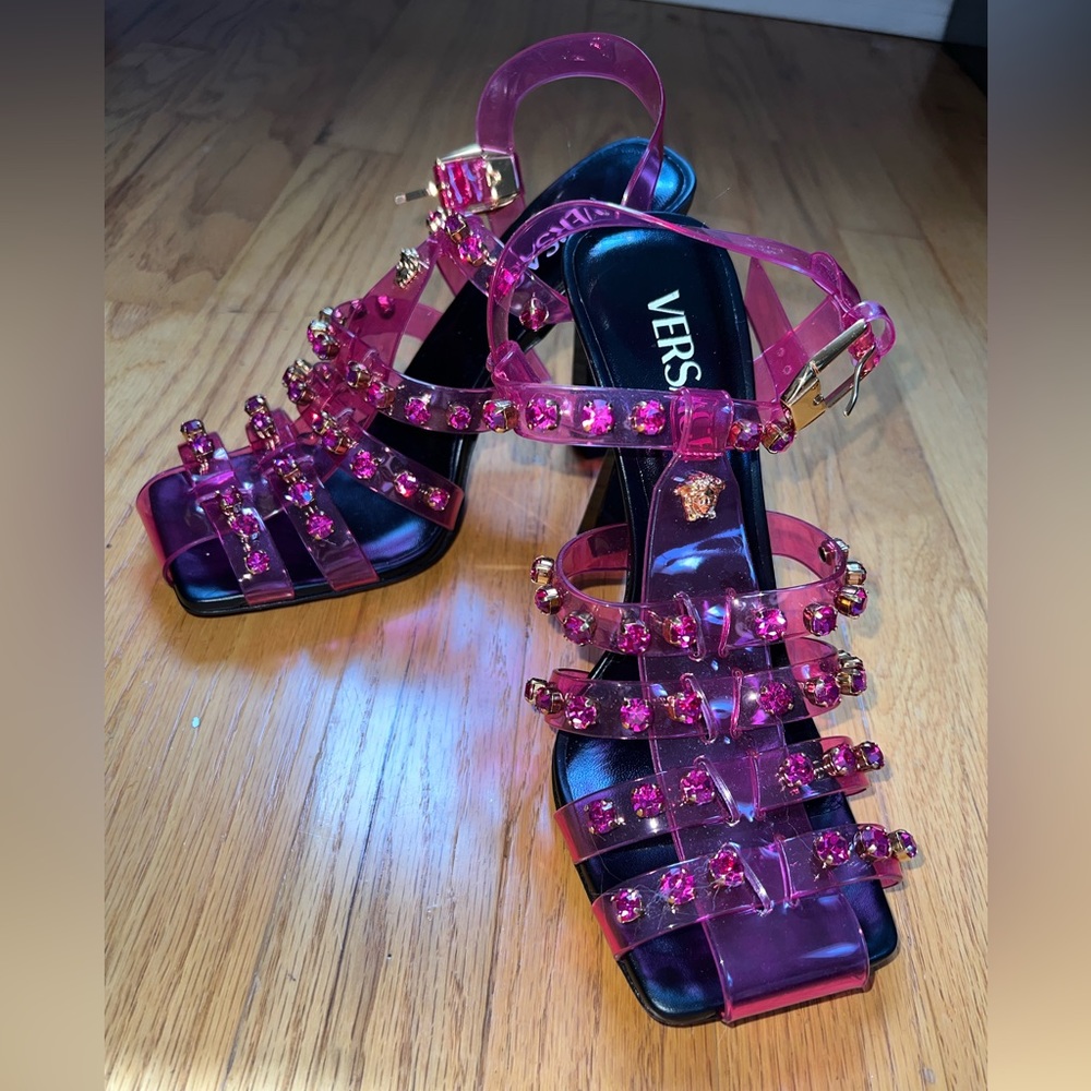 Versace Embellished Caged Jelly Slanted-Heel Sandals Brand New
